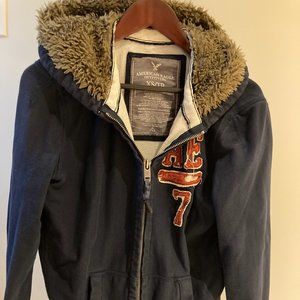 American Eagle Mens XS Faux Fur Hoodie Full Zip Navy Blue Sweater bomber Jacket